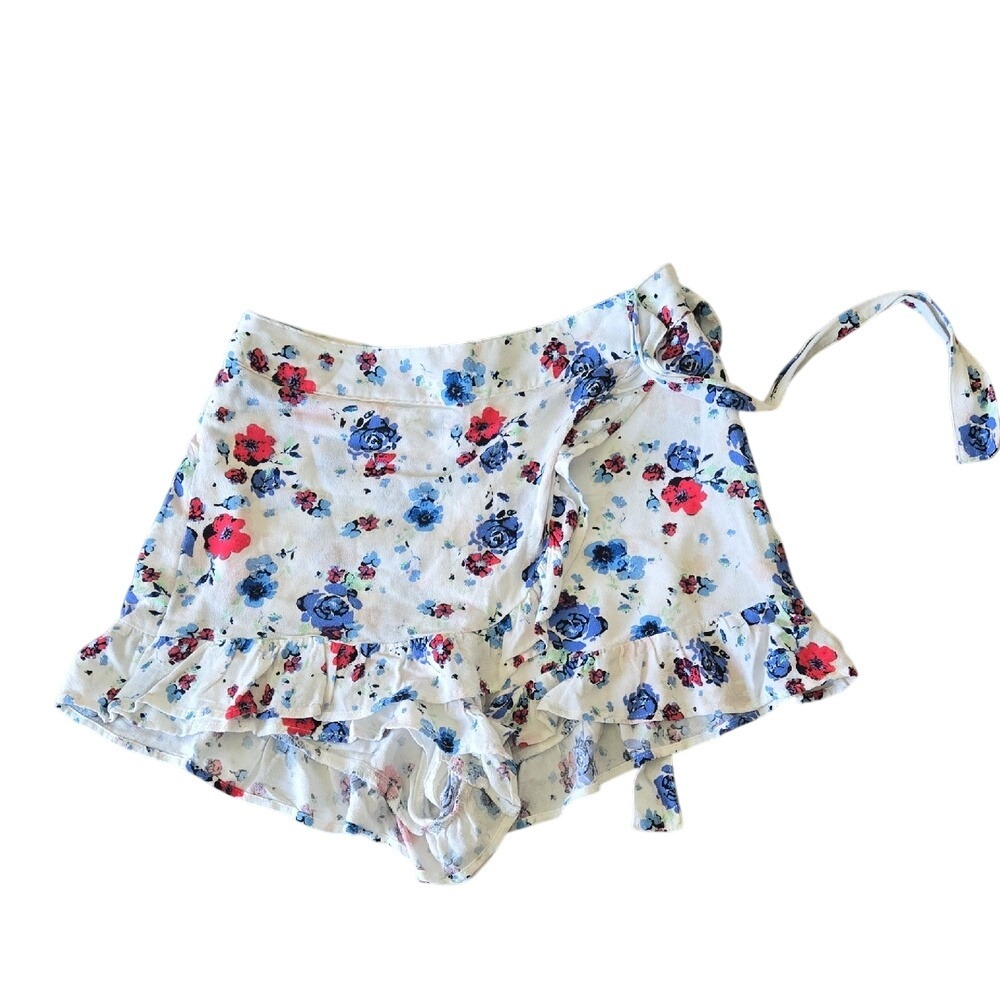 Free People Floral Ruffle Wrap Skort Ivory Blue Red Size 0 OB762733